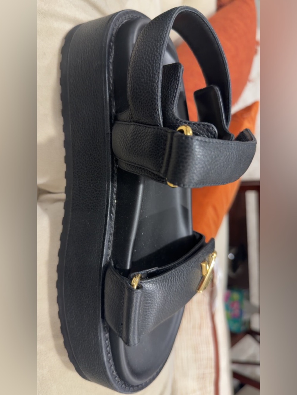 Louis Vuitton Black Leather womens Sandals with Gold LV Hardware - Picture 4 of 8